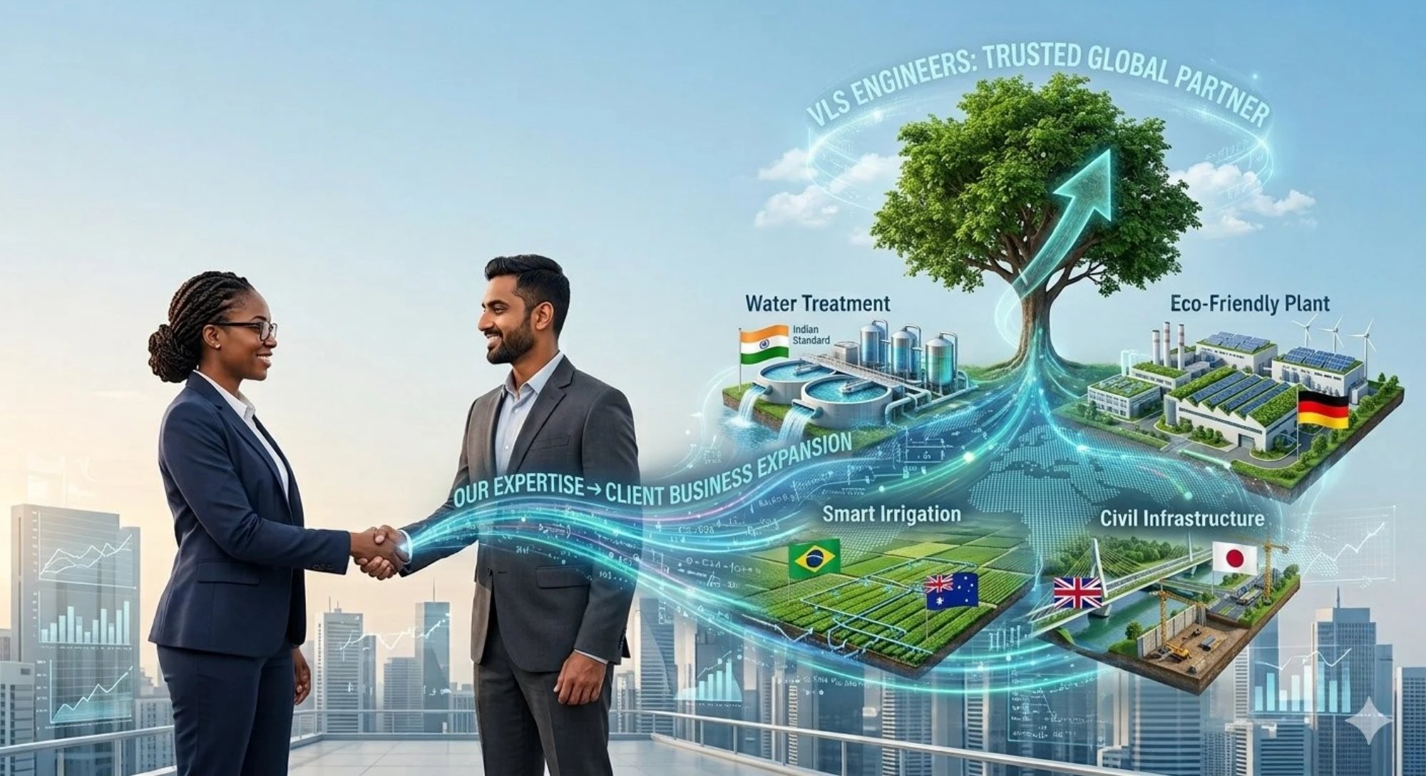 Two professionals shake hands in front of a city skyline, with water treatment, irrigation, eco-friendly plant and civil infrastructure projects around the world